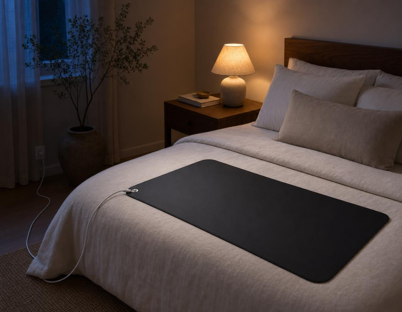 The Earthlull Mat on a bed at night, cord plugged into the wall outlet